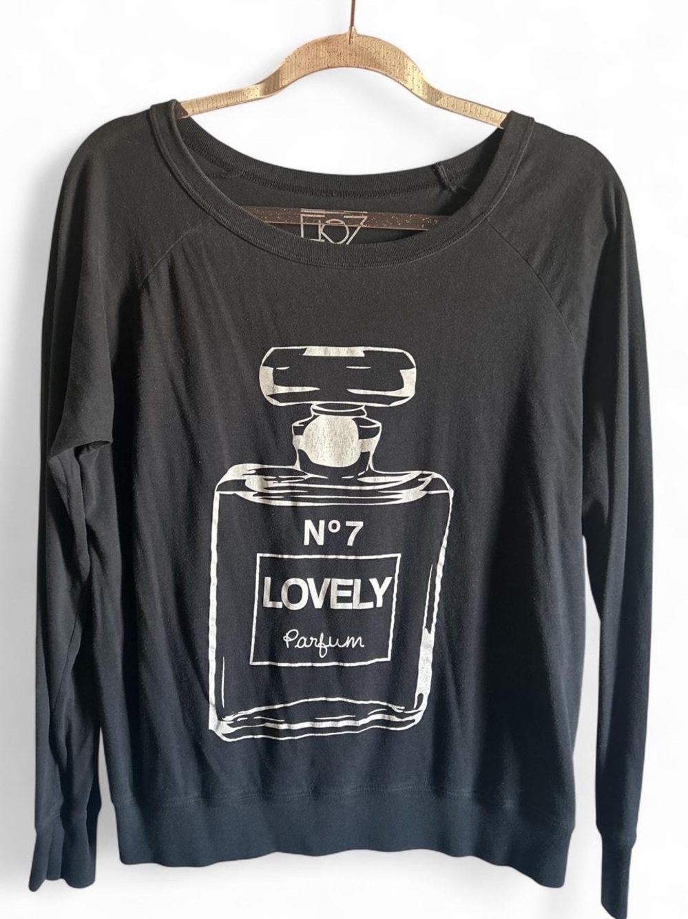 Black Long-Sleeve Tee with White 'Lovely' Perfume Graphic